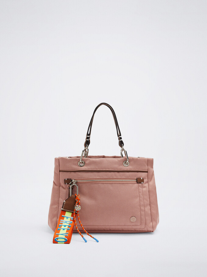 Nylon Tote Bag With Pendant, Pink, hi-res