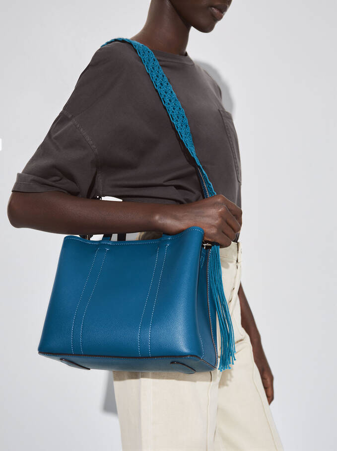 Tote Bag With Macramé Handle, Blue, hi-res