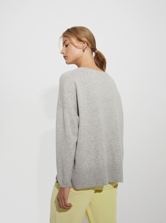 100% Cashmere V-Neck Knitted Sweater, Grey, hi-res