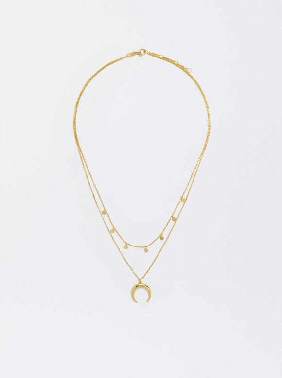 Short 925 Silver Necklace With Horn Pendant, Golden, hi-res