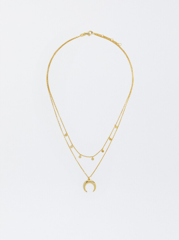 Short 925 Silver Necklace With Horn Pendant, Golden, hi-res