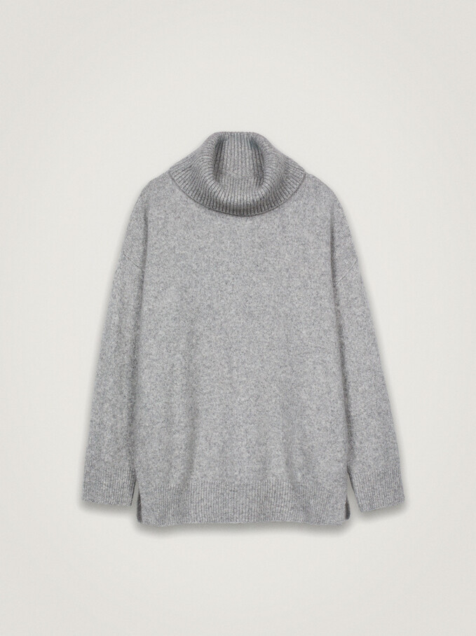 High-Neck Knit Sweater, Grey, hi-res