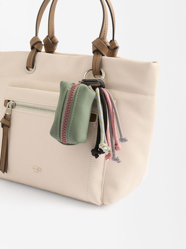 Nylon-effect tote bag with charm