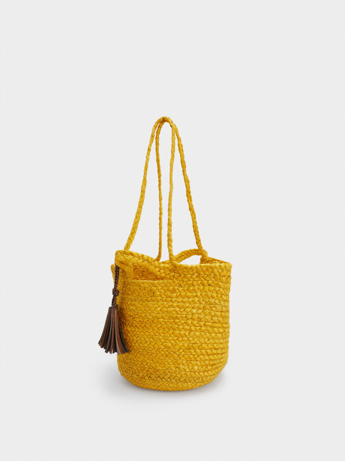 Jute Shopper Bag With Tassels, Yellow, hi-res
