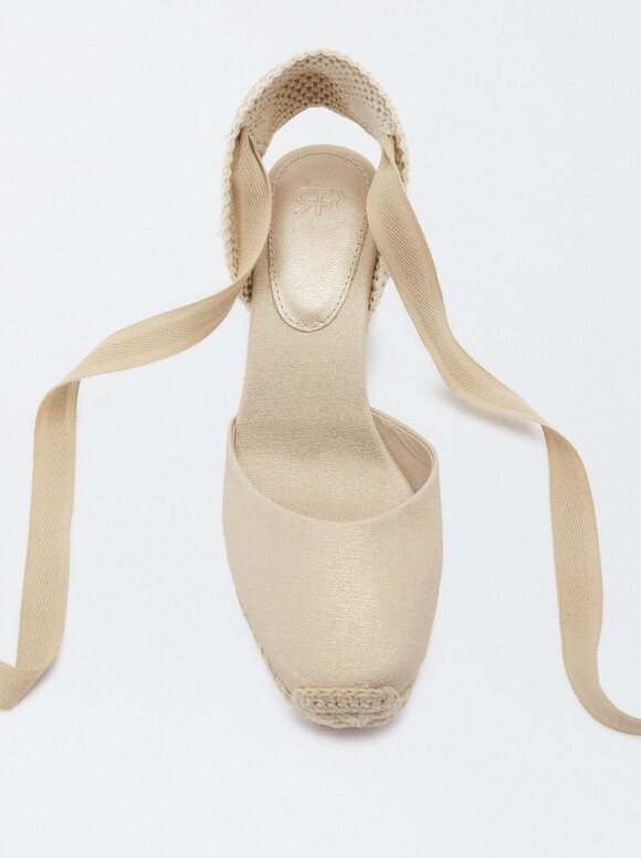 Lace Up Fabric Wedges, Golden, hi-res