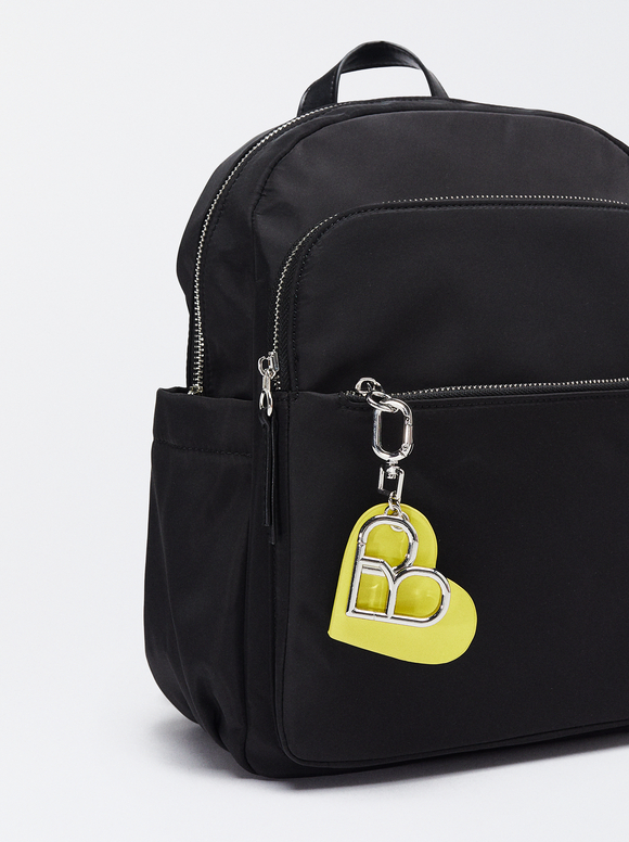 Nylon Backpack With Heart Pendant, Black, hi-res