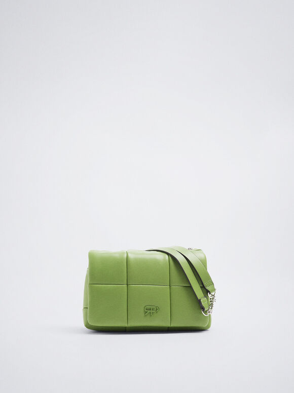 Quilted Shoulder Bag With Chain, Green, hi-res