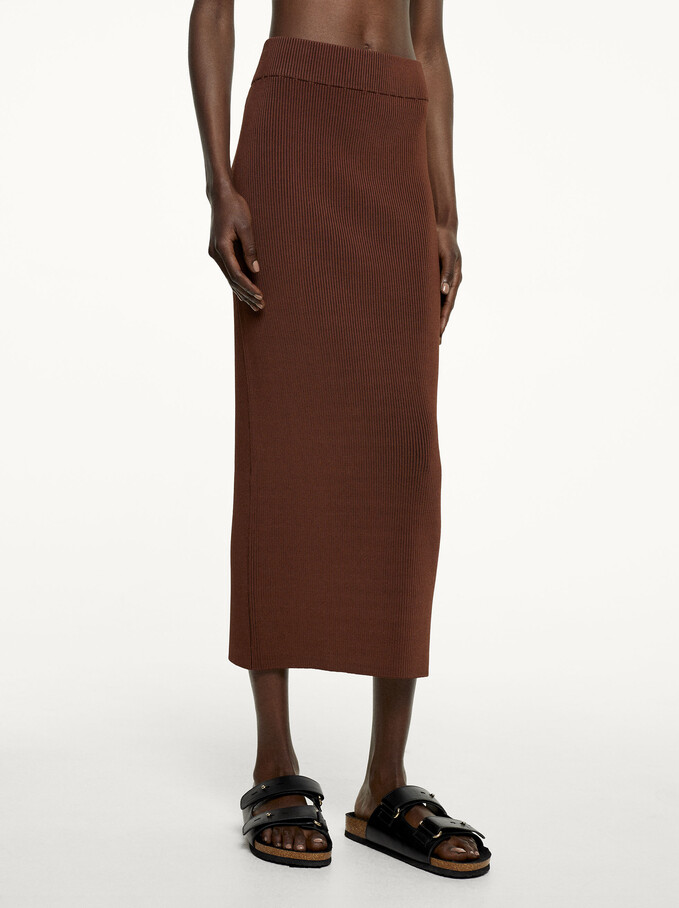 Knit Fitted Skirt, Brown, hi-res