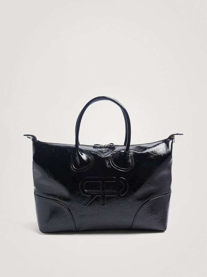 Patent Shopper Bag, Black, hi-res