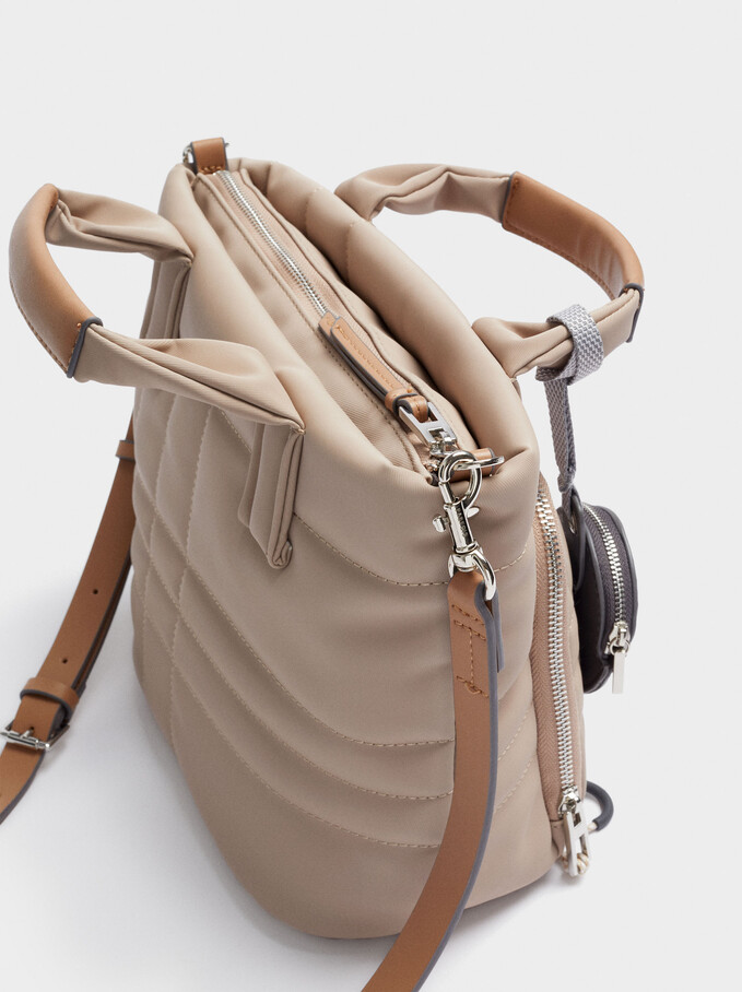 Suede Textured Shopper Bag With Pendant, Ecru, hi-res