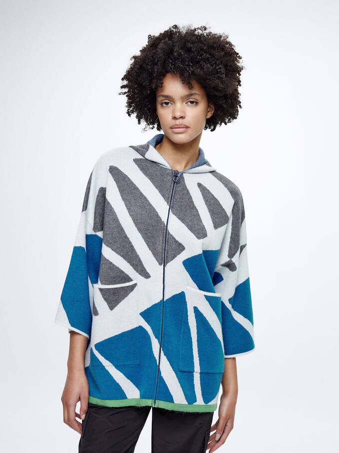 Hooded Knit Poncho, Multicolor, hi-res