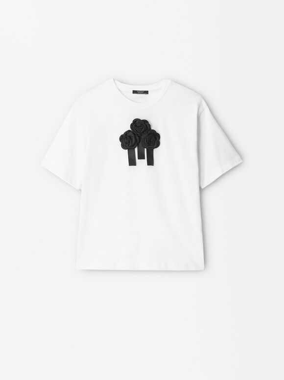 Online Exclusive - T-Shirt 100% Coton Fleurs, Blanc, hi-res