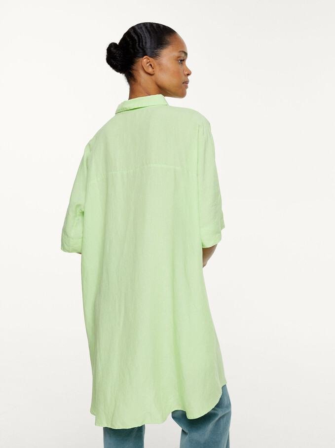 Linen Shirt Dress, Green, hi-res
