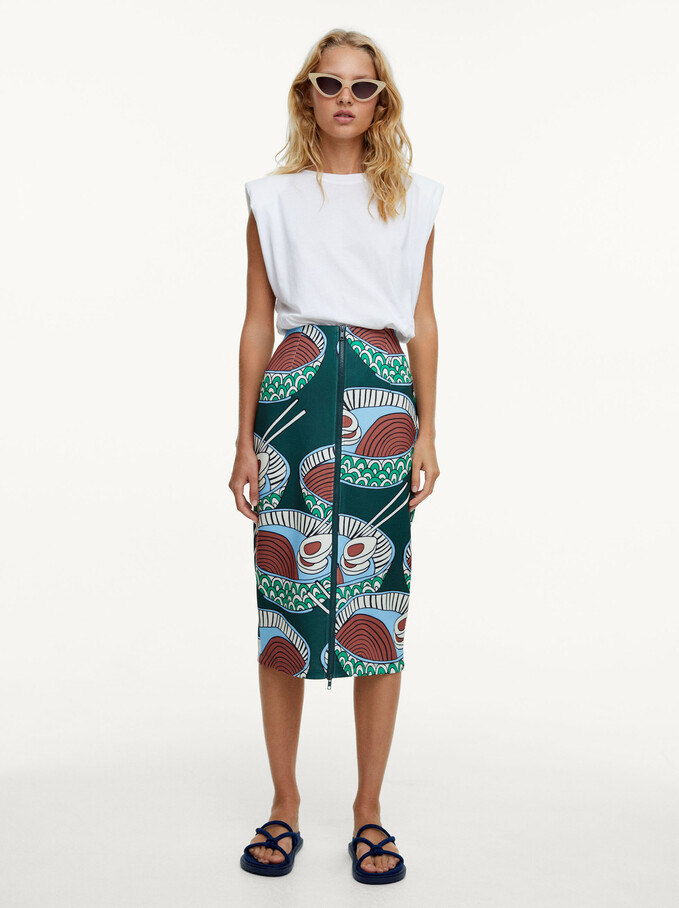 Printed Skirt With Zip, Khaki, hi-res