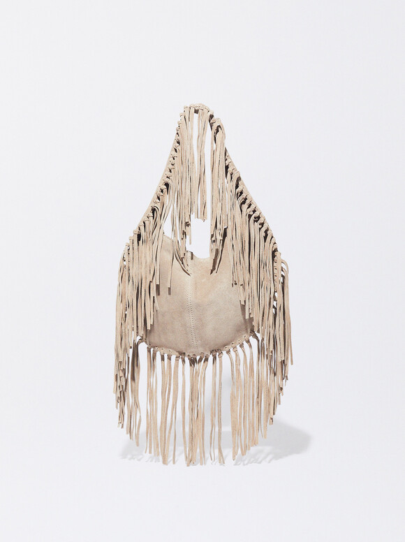 Bolso De Piel Con Flecos, Marrón, hi-res