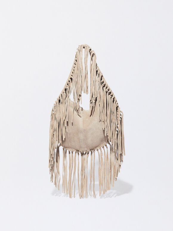 Leather Crossbody Bag With Fringes, Brown, hi-res