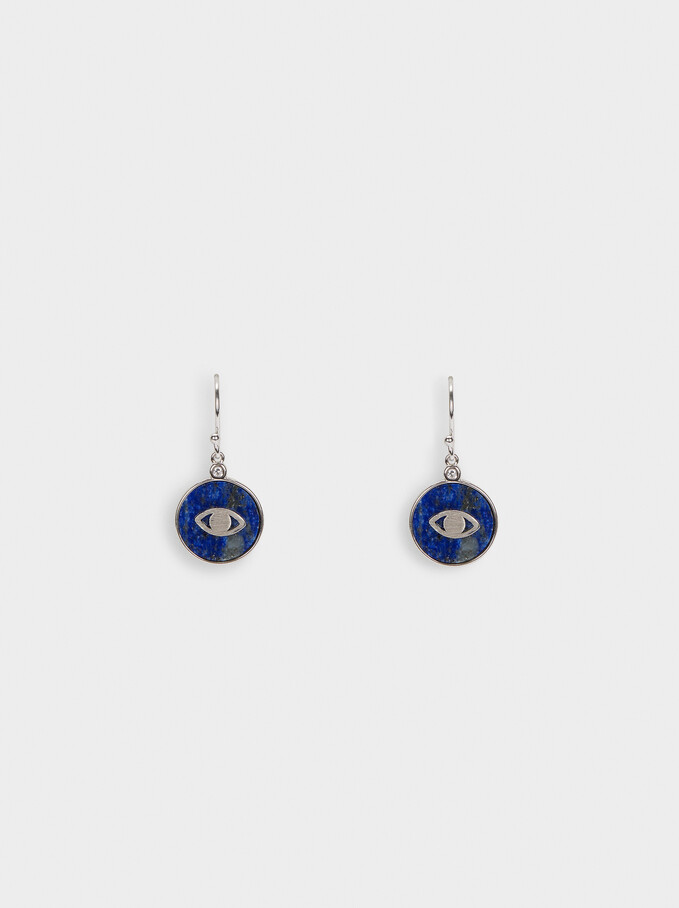 Short 925 Silver Stone And Eye Earrings, Blue, hi-res