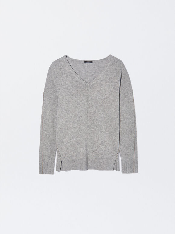 Knitted V-Neck Sweater, Grey, hi-res