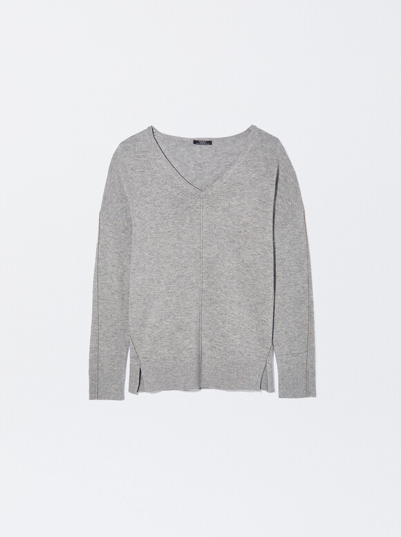 Knitted V-Neck Sweater, Grey, hi-res