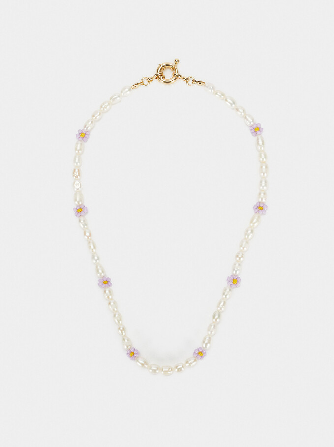 Short Necklace With Pearls And Flowers, Multicolor, hi-res