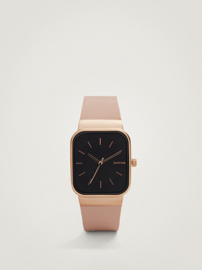 Watch With Silicone Strap And A Square Face, Pink, hi-res