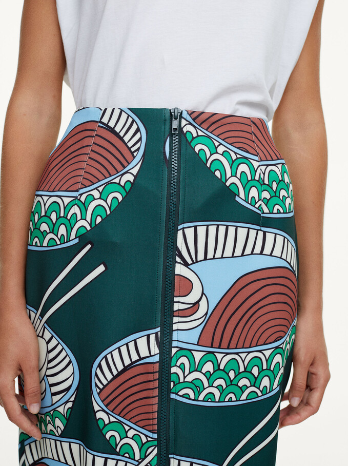 Printed Skirt With Zip, Khaki, hi-res