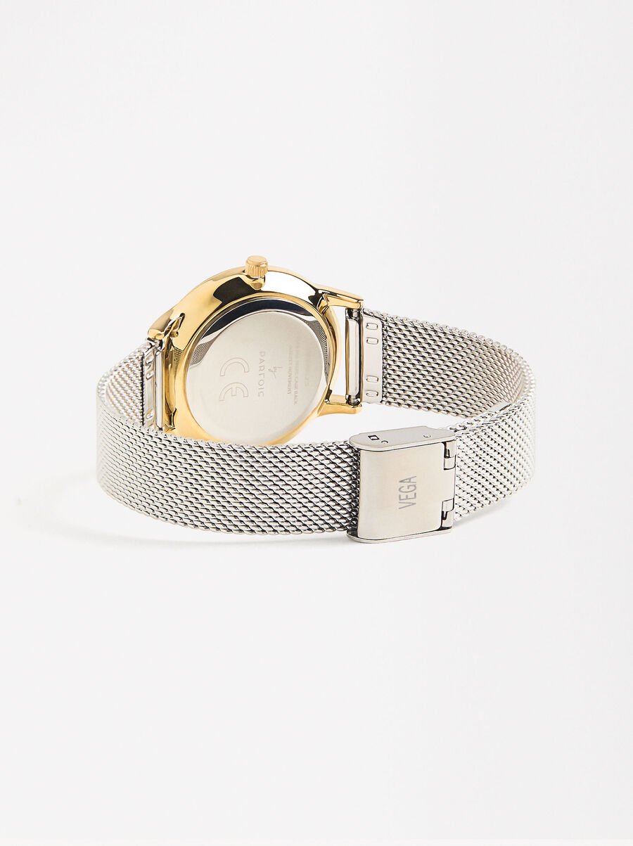 Watch with bicolour stainless steel mesh bracelet