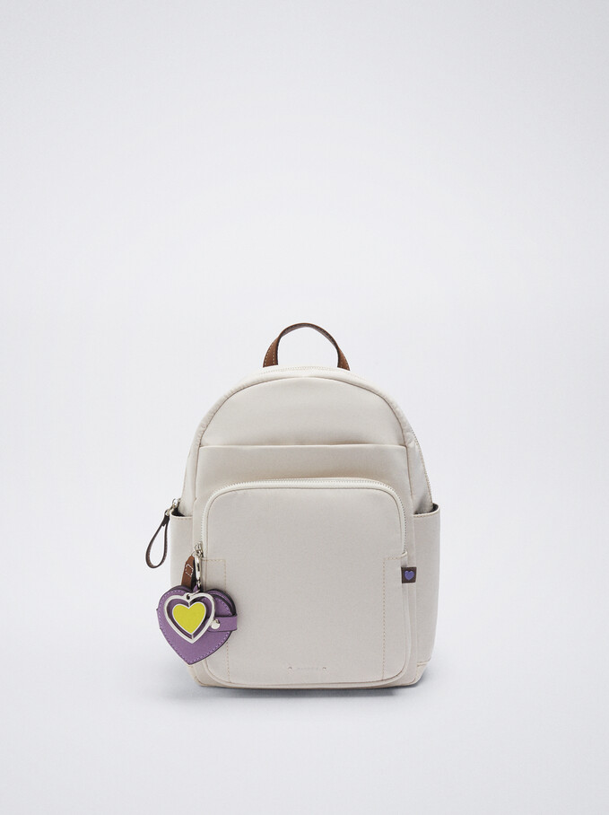 Sac À Dos En Nylon Avec Pendentif, Écru, hi-res