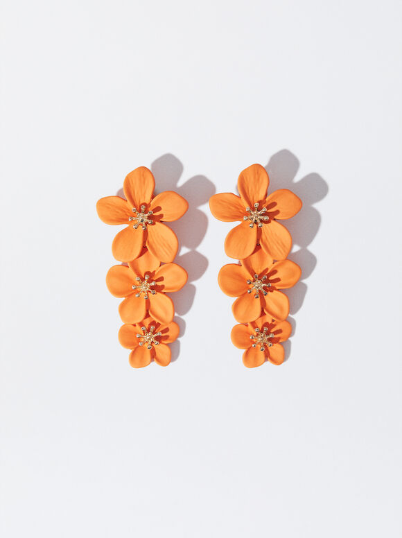 Boucles D'Oreilles Longues Fleur, Orange, hi-res