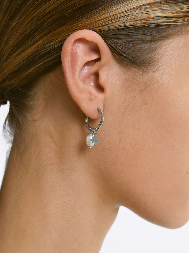 Stainless Steel Hoop Earrings With Pearls image number 1.0