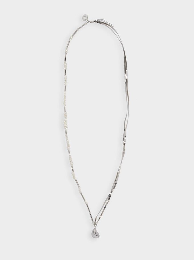 Long Combined Necklace With Pearls And Pendants, White, hi-res