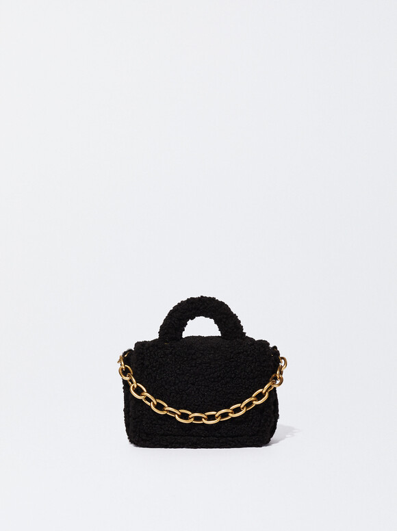 Faux Fur Bag With Chain, Black, hi-res
