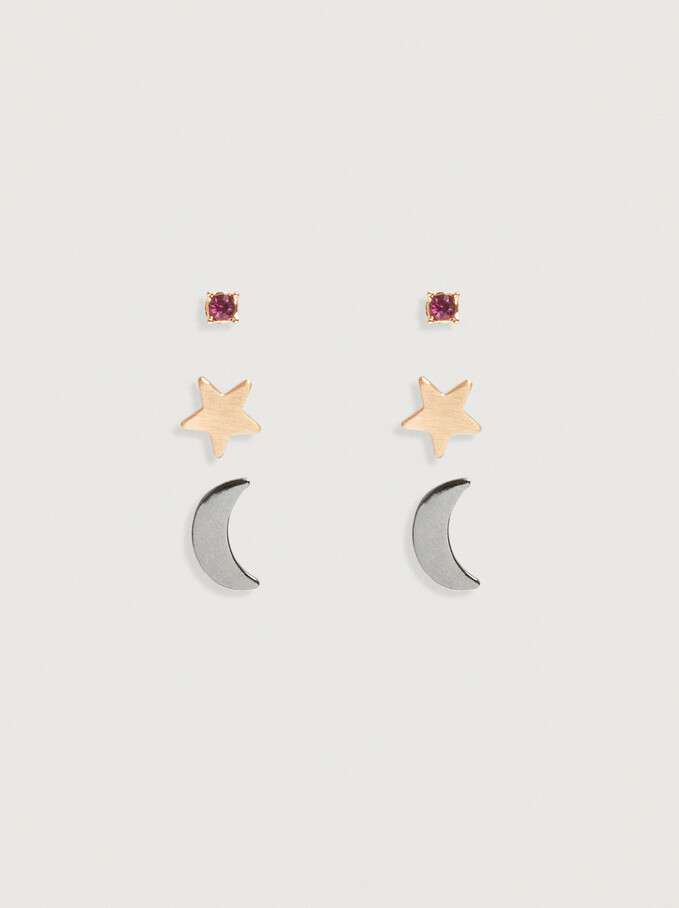 Set Of Earrings With Moon And Star, Multicolor, hi-res