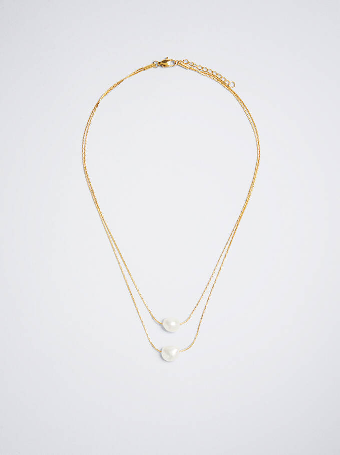Halskette Aus Stahl Mit Perlen, Golden, hi-res