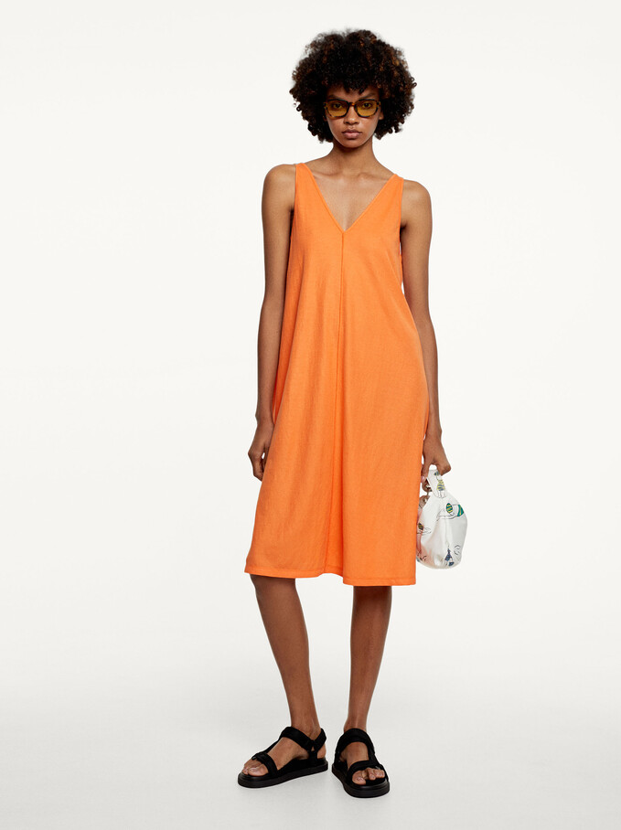 V-Neck Strappy Dress, Orange, hi-res