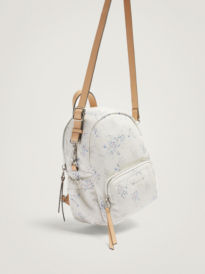 Floral Print Backpack, White, hi-res
