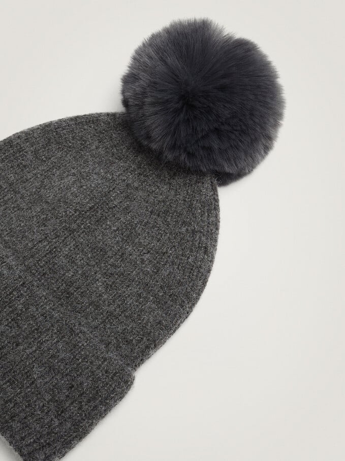 Pompom Beanie Knitted Hat, Grey, hi-res