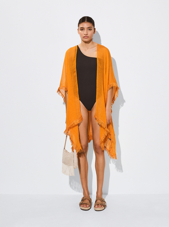 Kaftan With Fringes, Orange, hi-res
