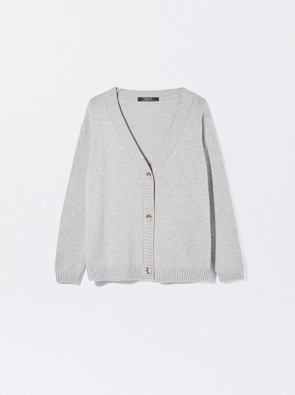 Knitted Cardigan With Buttons, Grey, hi-res