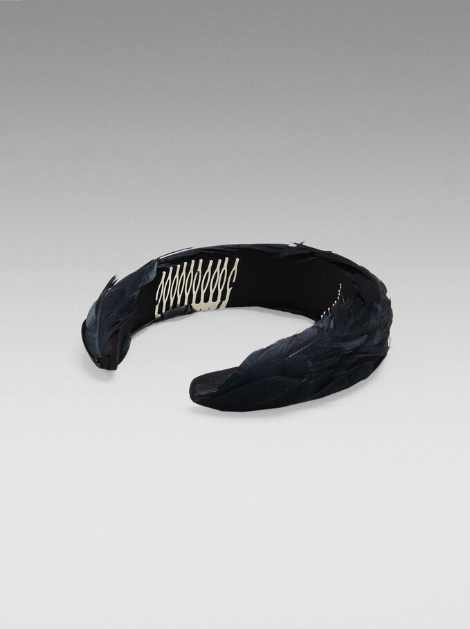 Wide Headband With Feathers, Black, hi-res