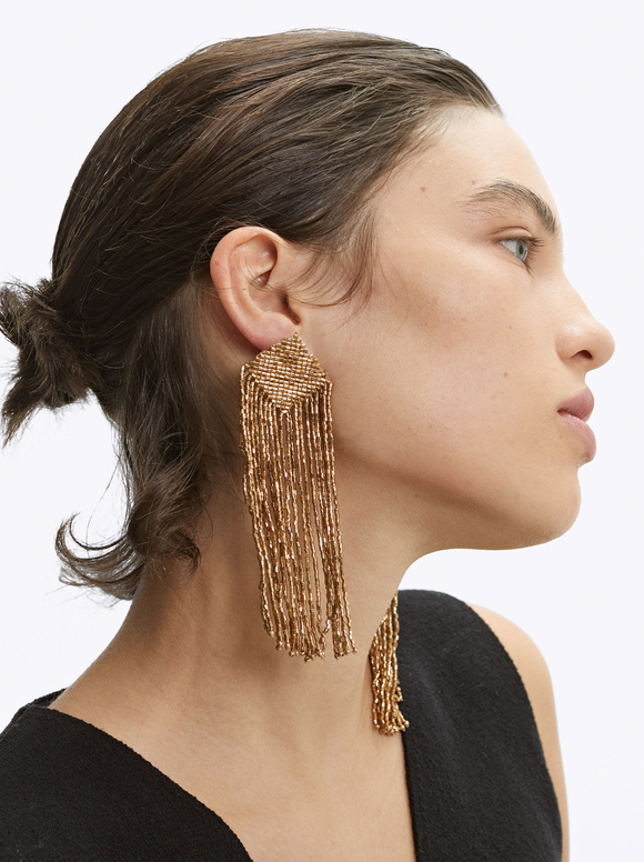 Golden Earrings With Beads, Golden, hi-res