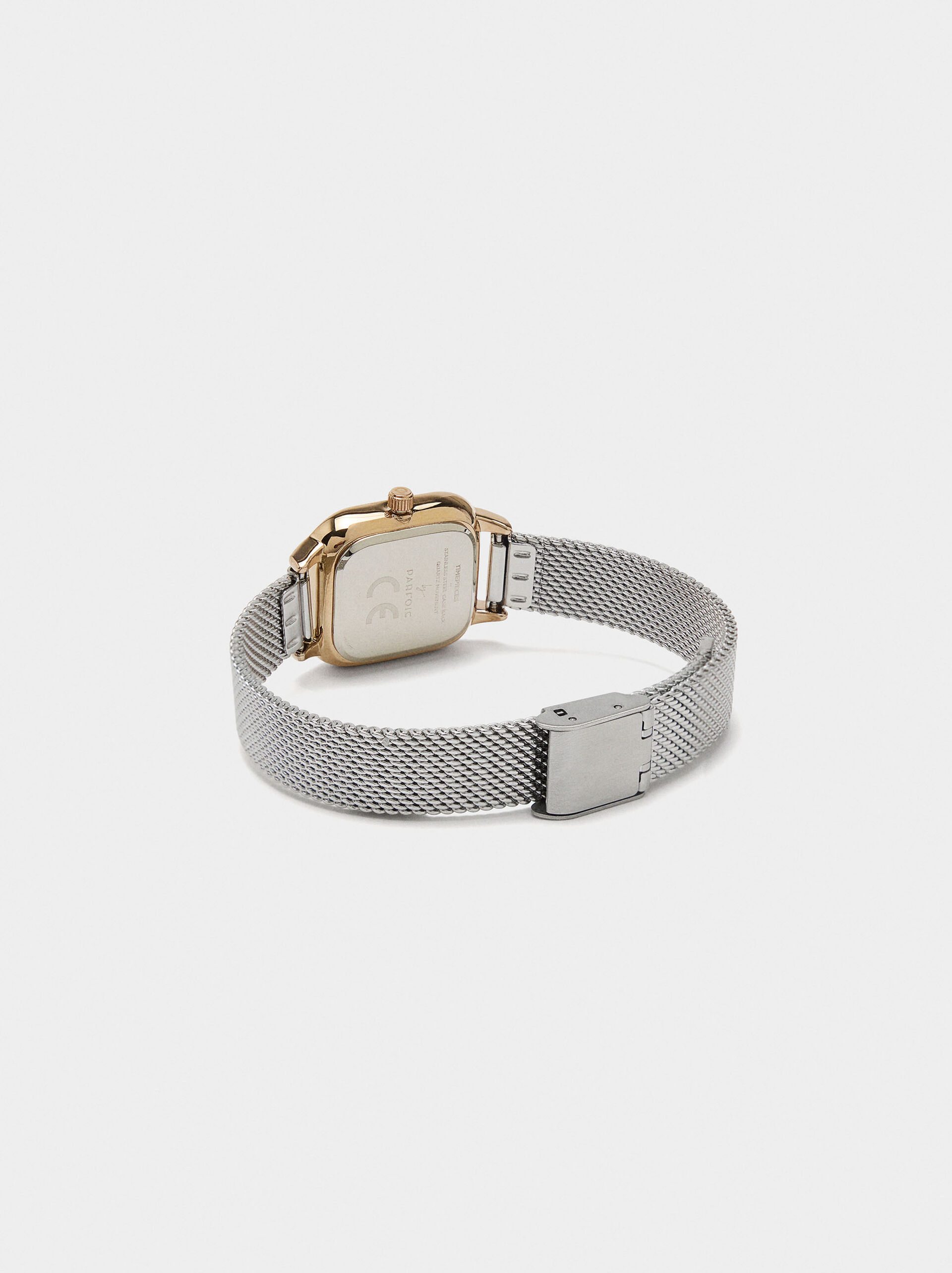 Square watch with bicolor stainless steel bracelet image number 2.0