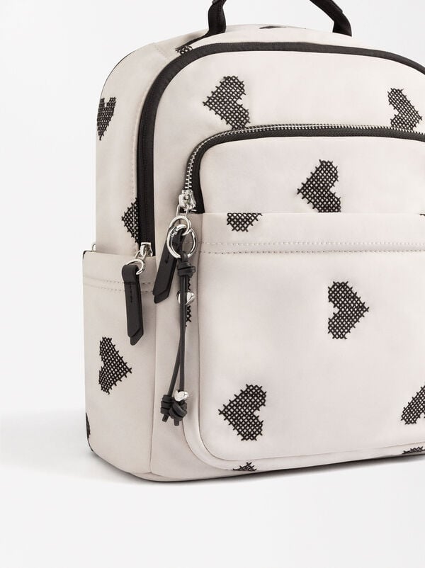 Nylon backpack with hearts embroidery