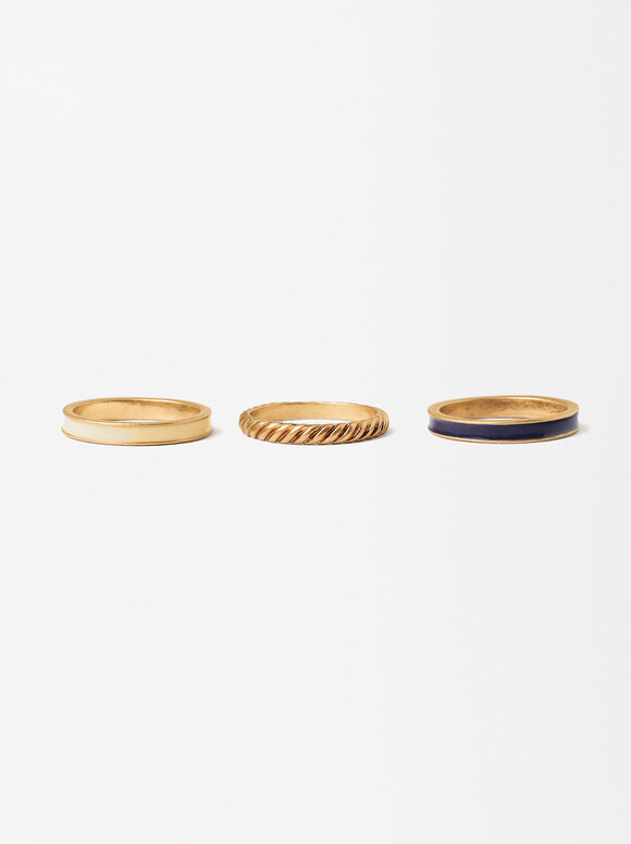Set Of Enamel Gold Rings, Multicolor, hi-res