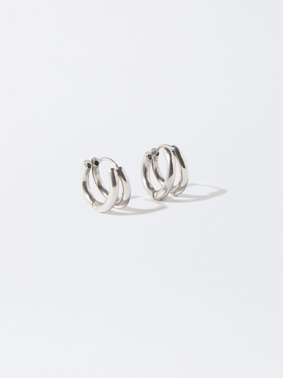Stainless Steel Golden Hoop Earrings, Silver, hi-res