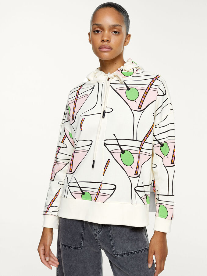 Printed Sweater With Hood, Ecru, hi-res