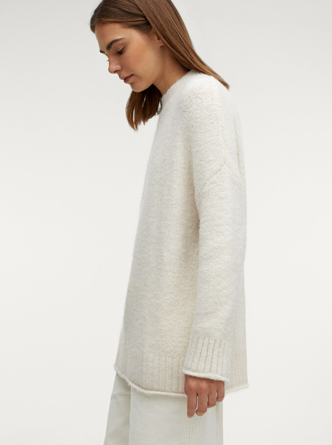 Knitted Perkins Neck Sweater, Ecru, hi-res