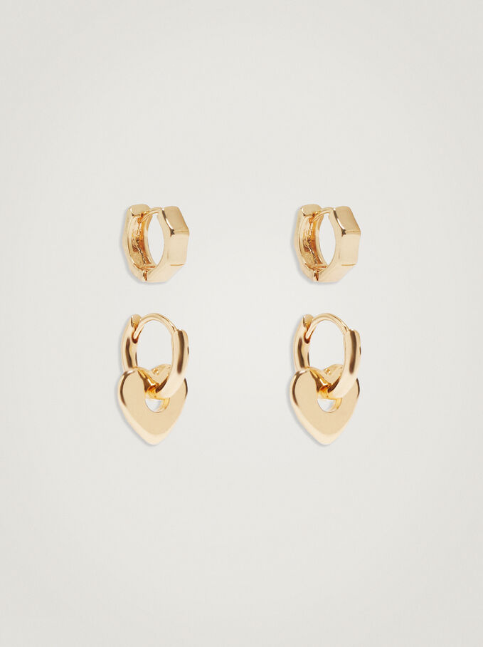 Set Of Hoop Earrings With Heart, Golden, hi-res