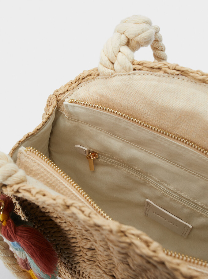 Woven Shopper Bag With Pendant, Ecru, hi-res