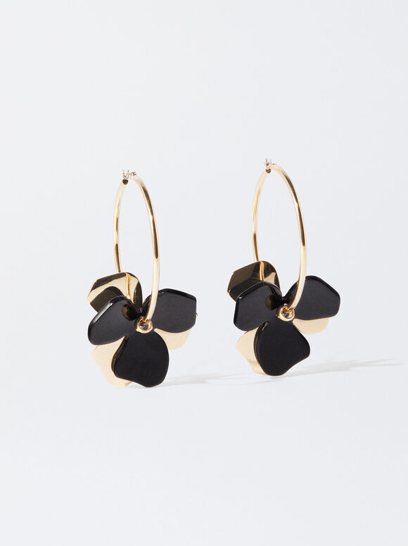 Flower Hoop Earrings, Black, hi-res